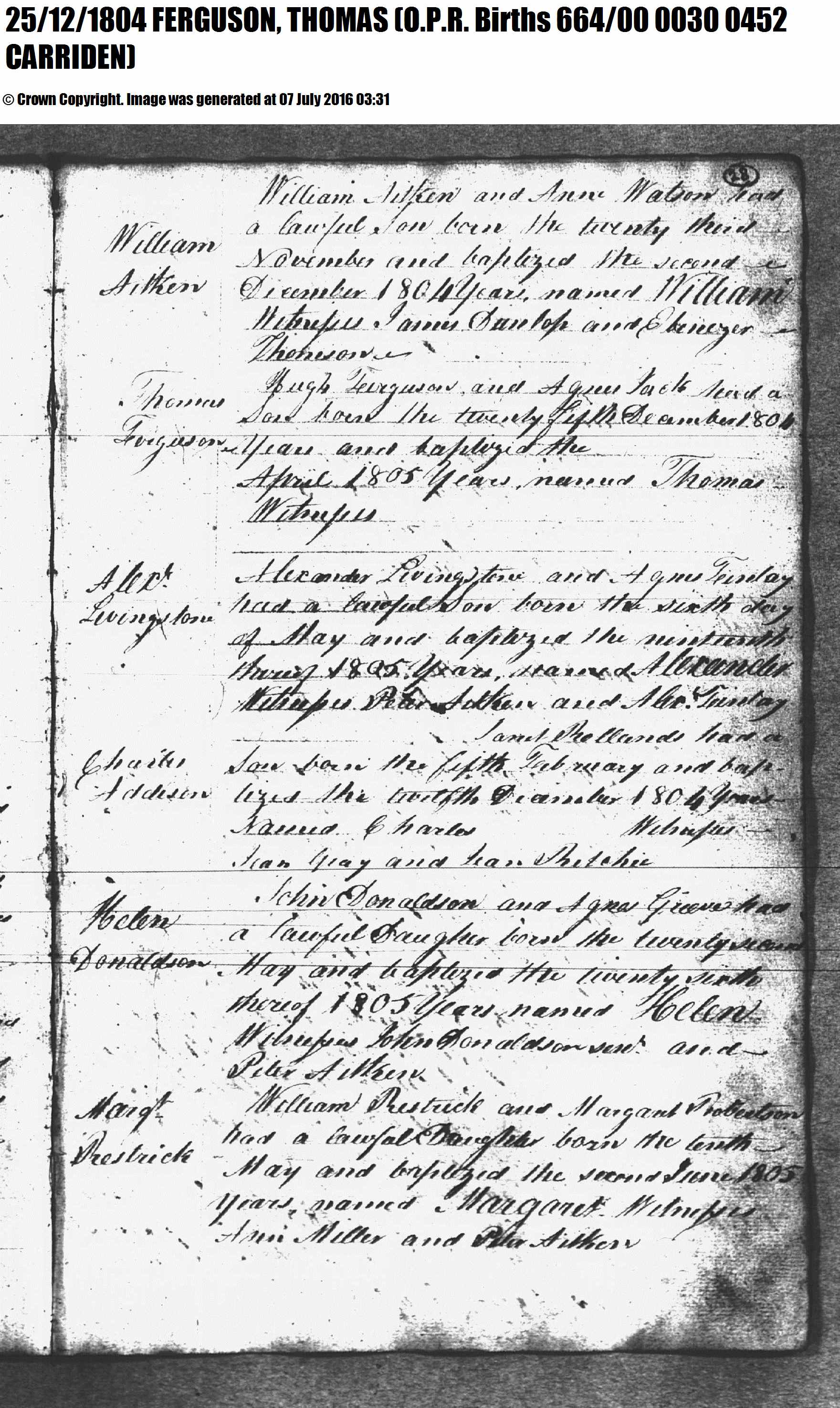 Thomas Ferguson birth, December 25, 1804, Linked To: <a href='i957.html' >Thomas Ferguson</a>